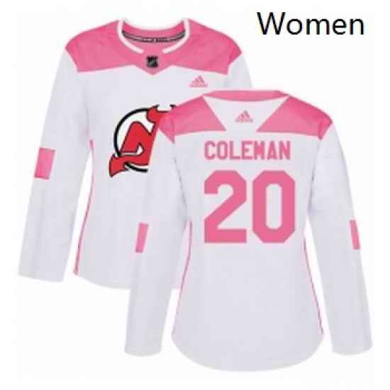 Womens Adidas New Jersey Devils 20 Blake Coleman Authentic White Pink Fashion NHL Jersey